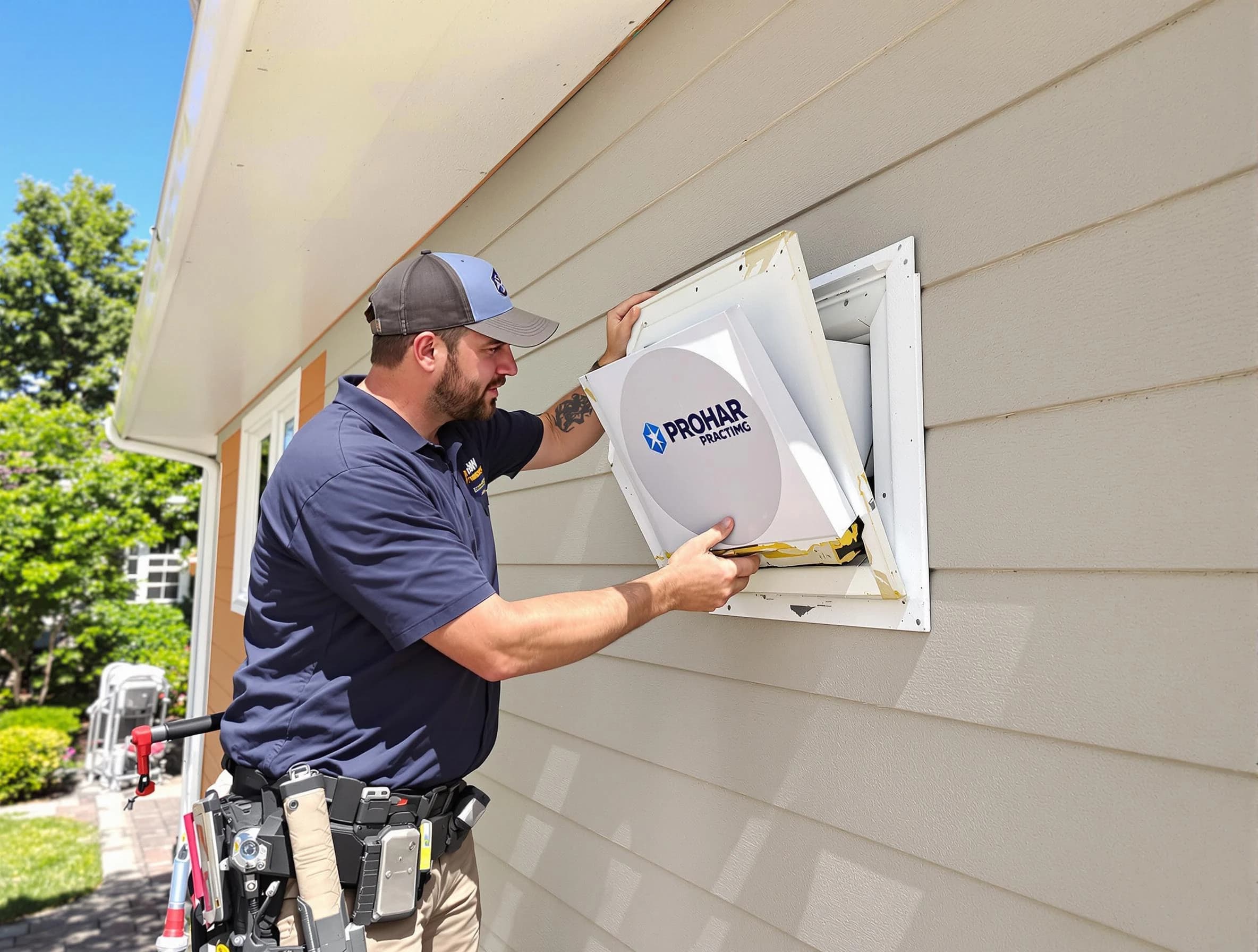 Magna Dryer Vent Cleaning technician installing a new protective dryer vent cover on a home in Magna