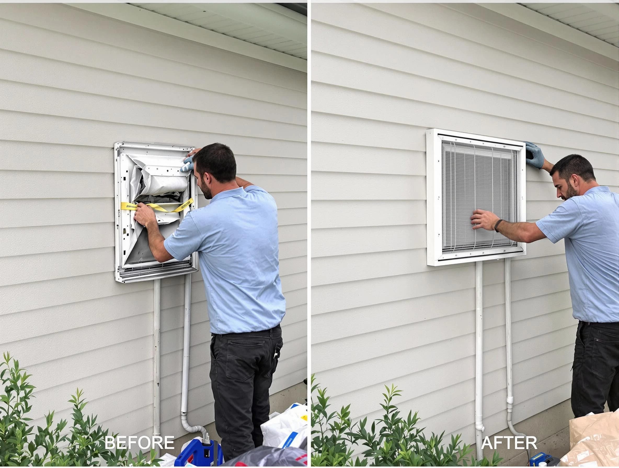 Magna Dryer Vent Cleaning technician installing high-quality dryer vent cover at a residential property in Magna
