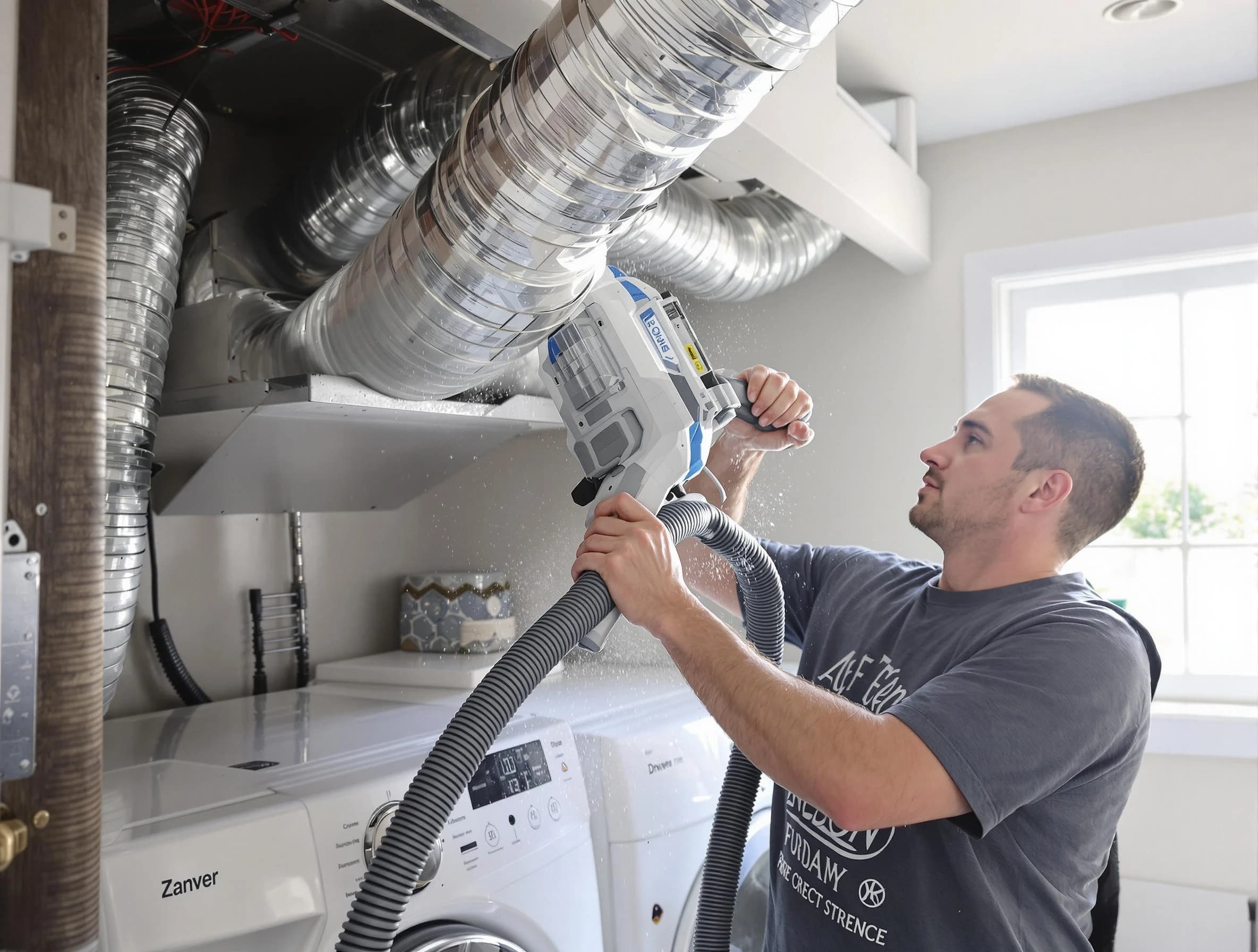 Magna Dryer Vent Cleaning specialist cleaning deep within a dryer vent duct system in Magna