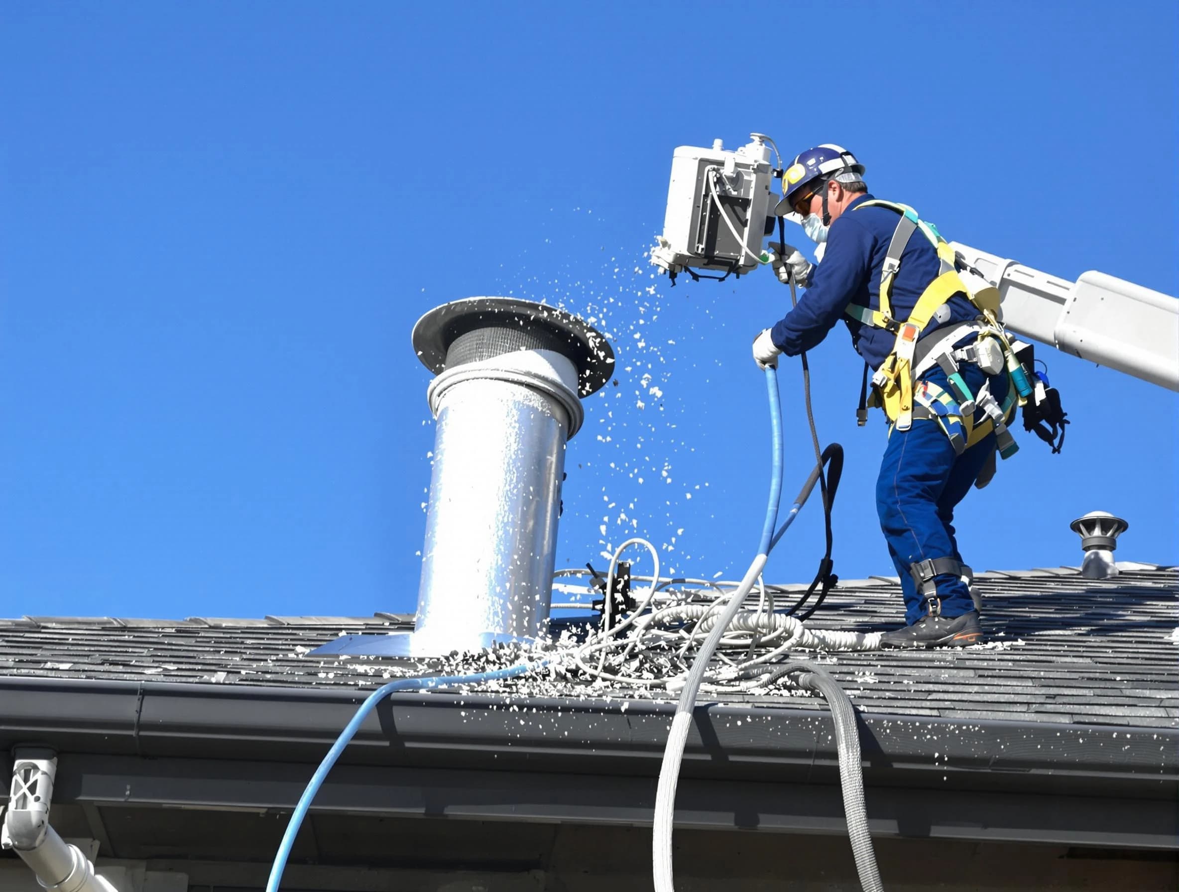 Magna Dryer Vent Cleaning certified technician safely cleaning a roof-mounted dryer vent in Magna